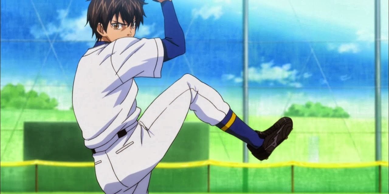 Eiji pitching in a baseball game.