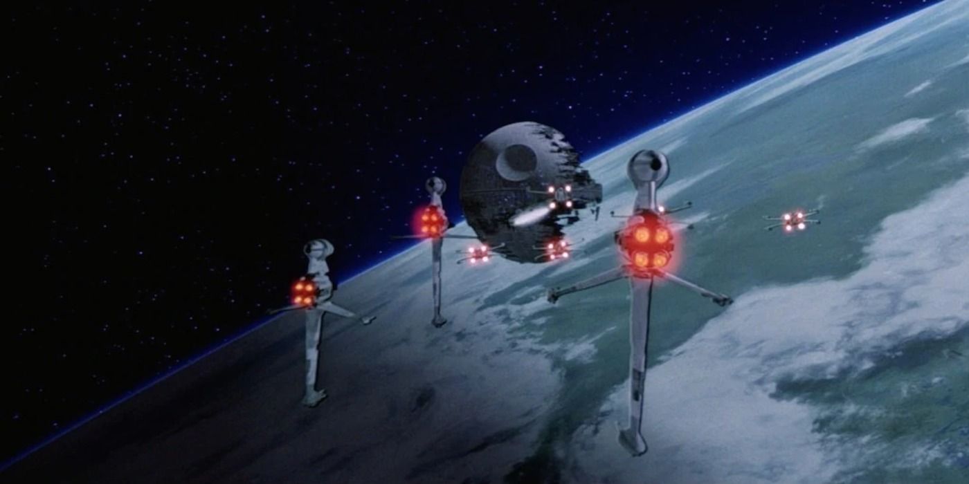 Rebel fighters fly toward the Death Star II in Return of the Jedi.