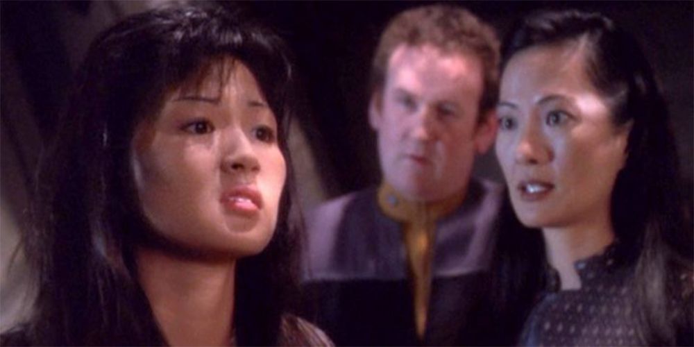 Feral Molly O'Brien is watched by Miles and Keiko O'Brien in Star Trek: Deep Space Nine episode, Time's Orphan.