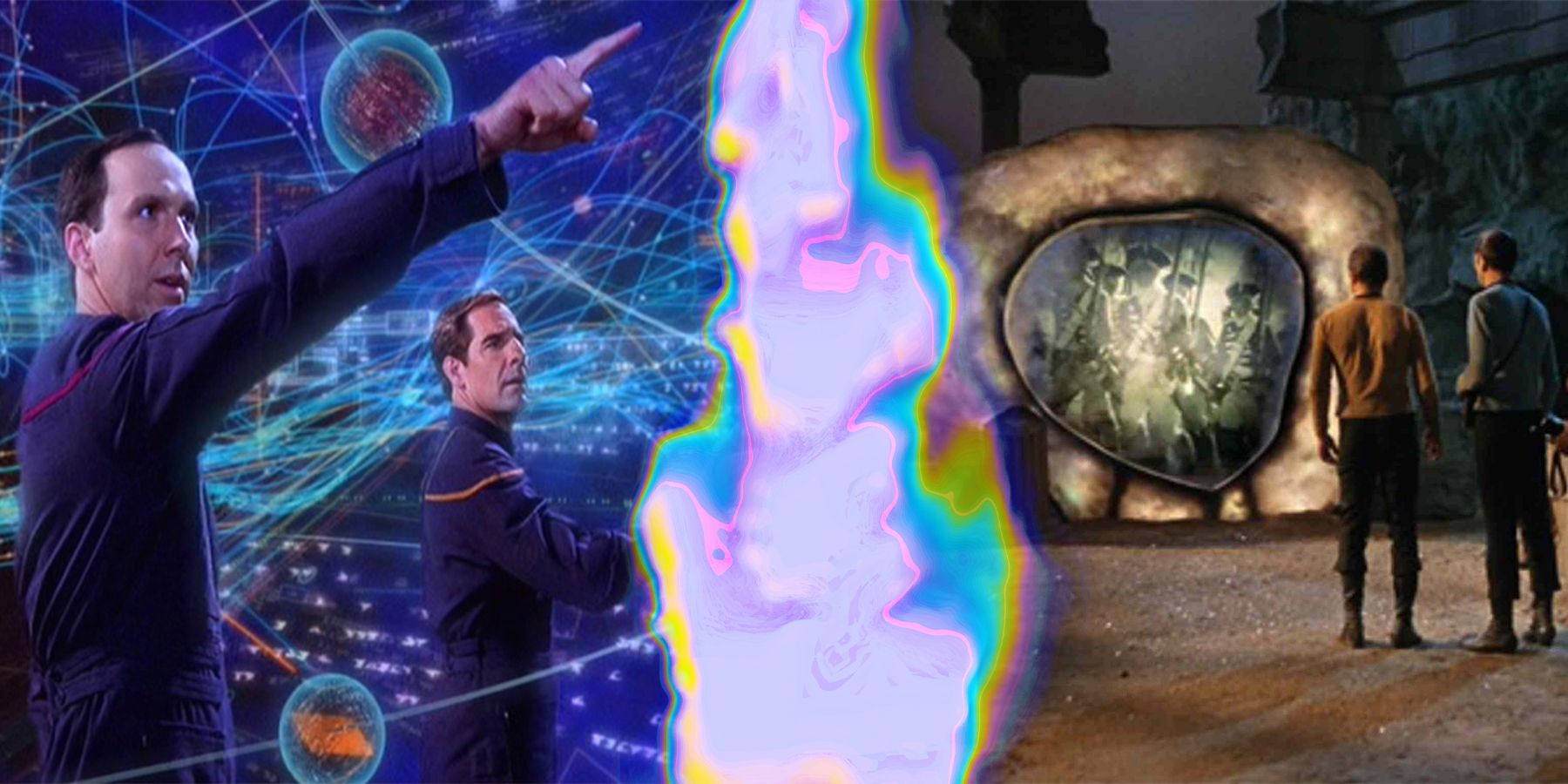 Captain Archer and Agent Daniels discuss the Temporal Cold War in Enterprise. Kirk and Spock talk to the Guardian of Forever.