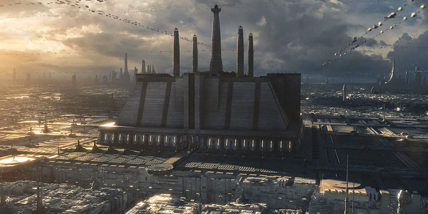A wide shot of the Jedi Temple on Coruscant, in Star Wars