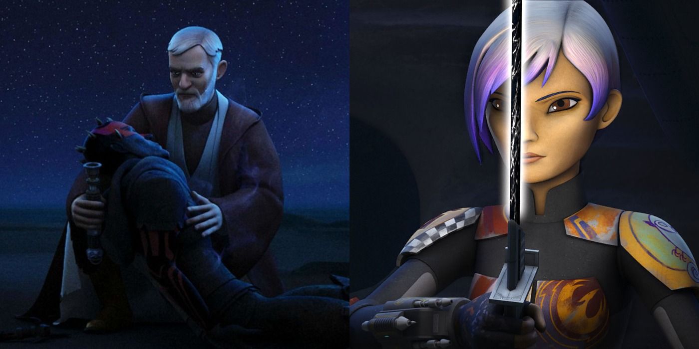 Obi-wan Kenobi and a character wielding the Dark Saber in Star Wars Rebels.