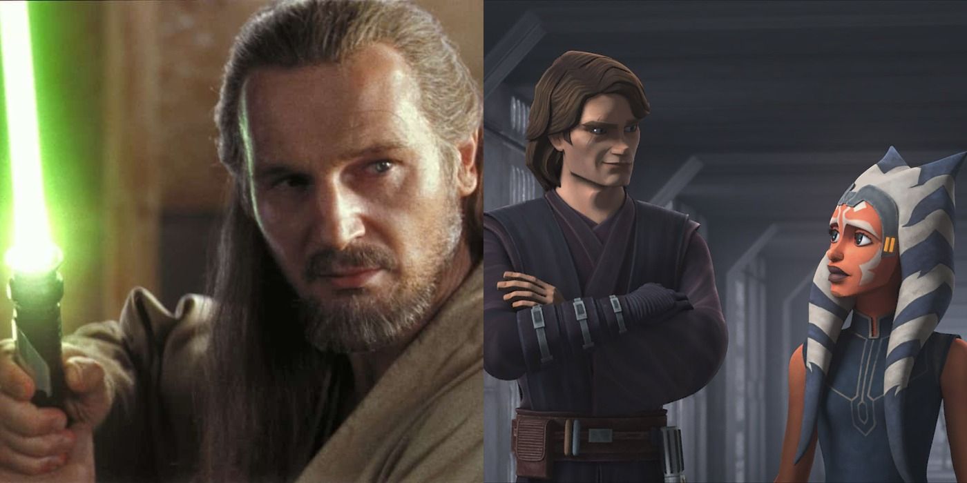 Split image of Qui-Gon and Ahsoka with Anakin