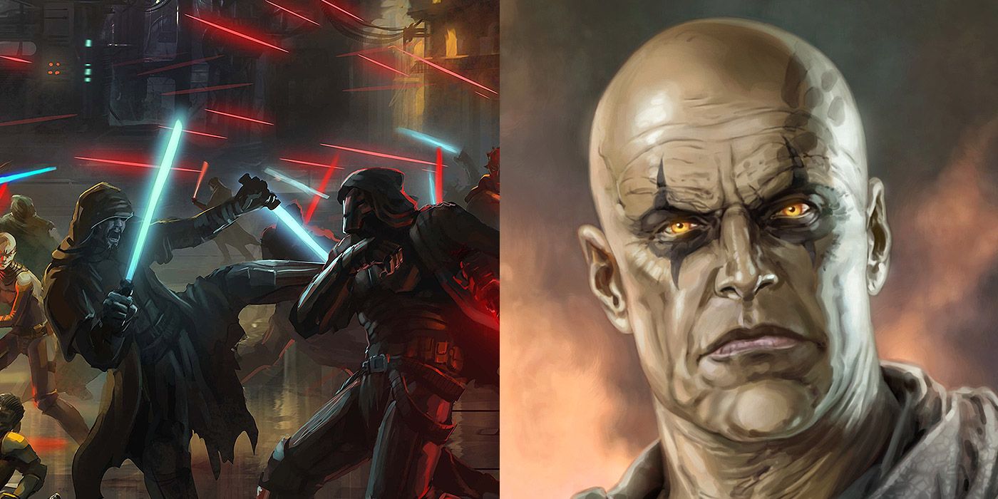 Split image of Jedi vs. Sith, and Darth Bane from Star Wars