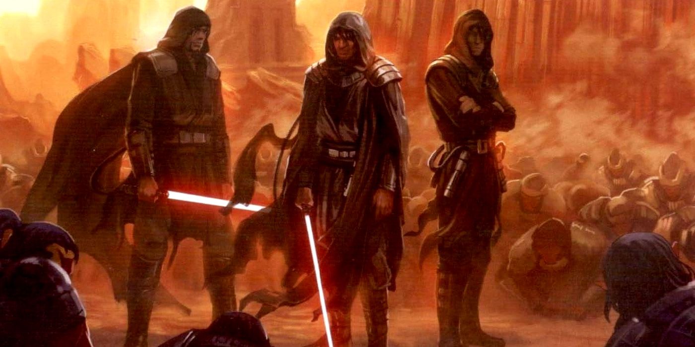 Artistic rendering of Sith acolytes wielding lightsabers in Star Wars