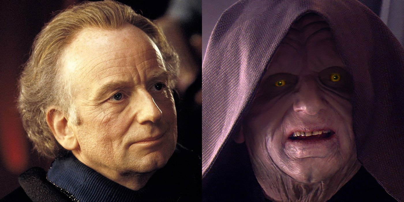 A split image of a young Senator Palpatine, and his Darth Sidious alter ego in Star Wars