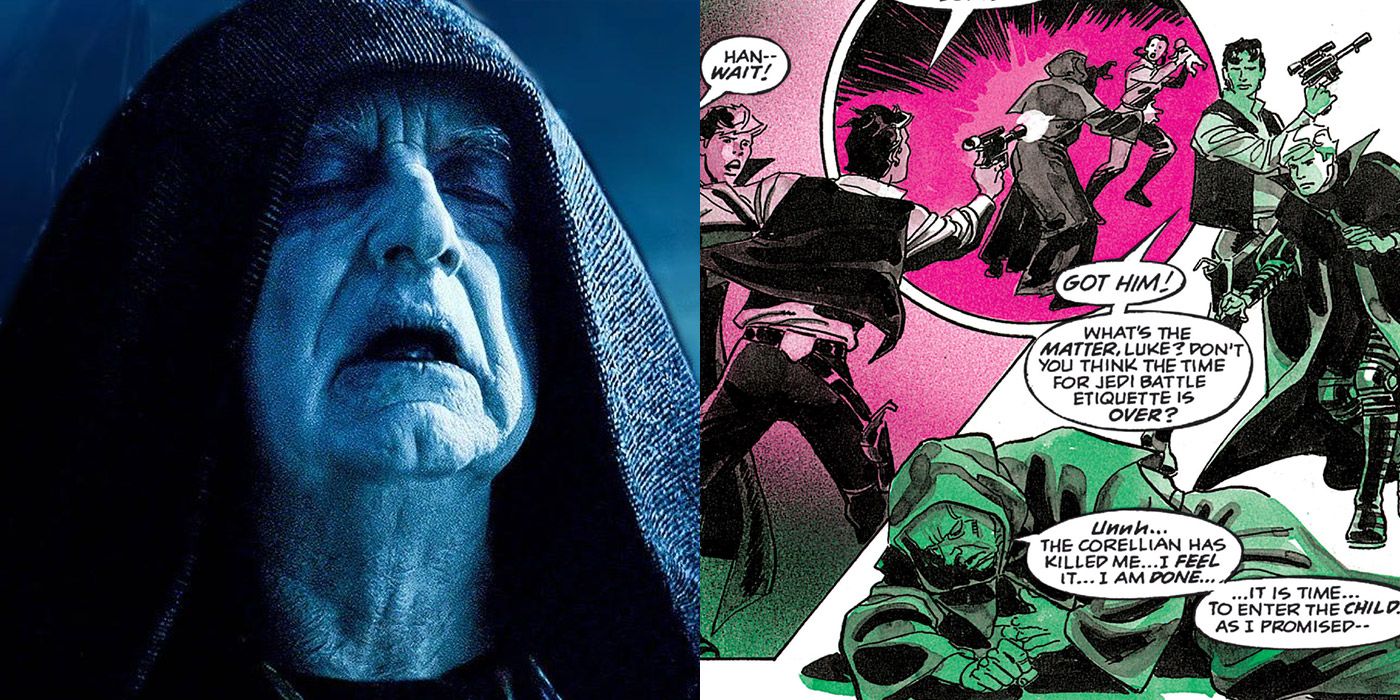 Split image of Emperor Palpatine from Star Wars: Rise of Skywalker, and the comic book Palpatine killed in the Dark Empire comics