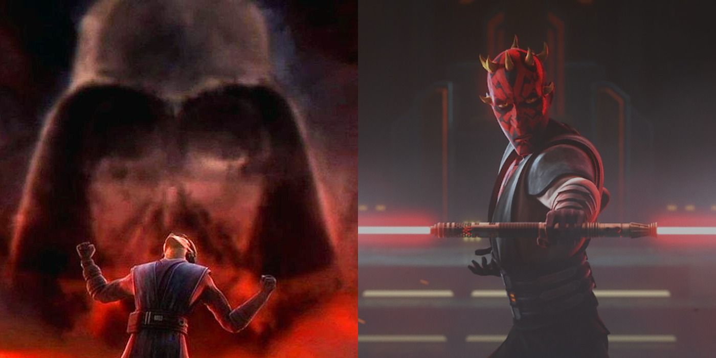 A split image of Darth Vader and Darth Maul in The Clone Wars