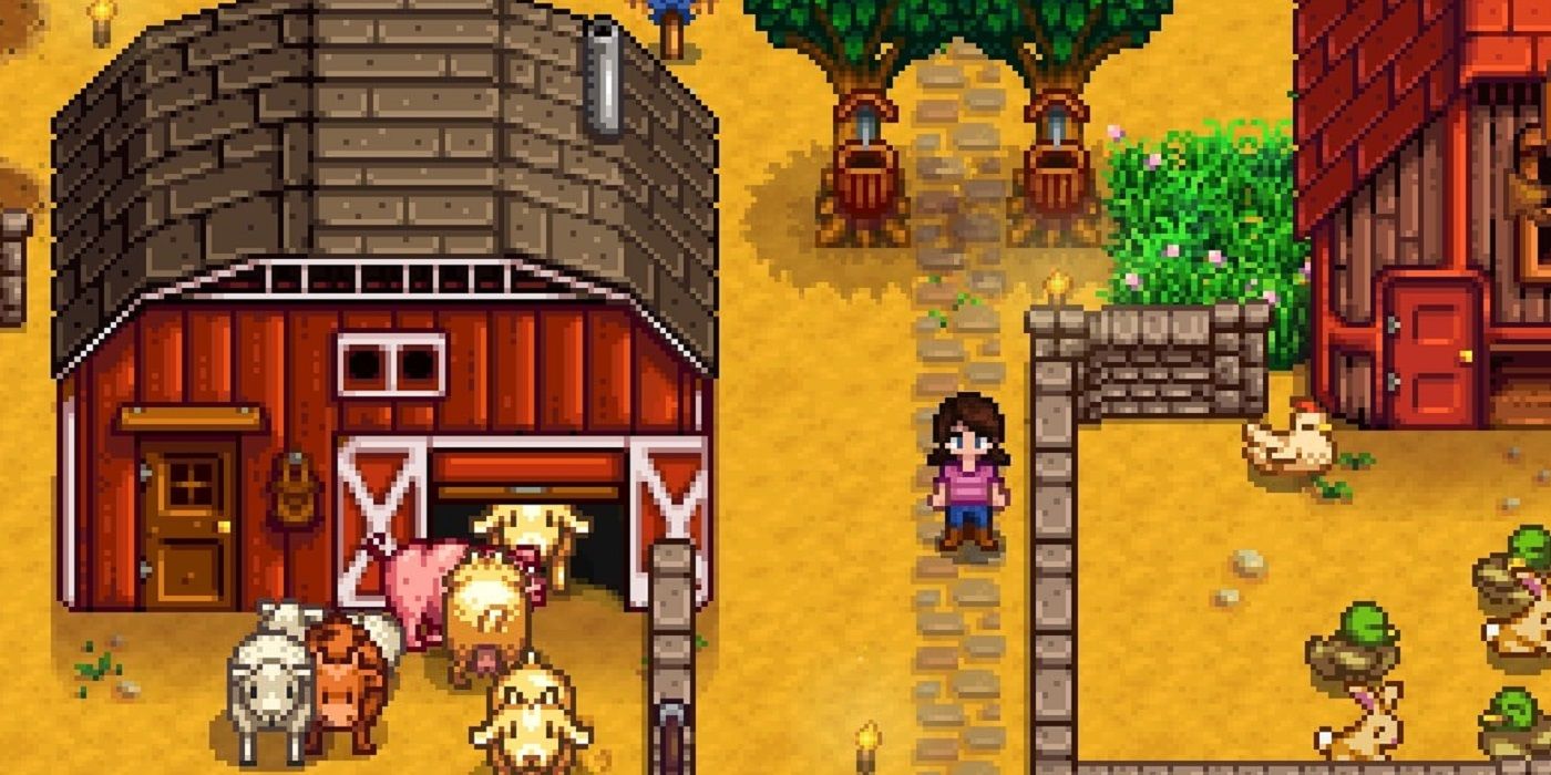 A character stands in a farm surrounded by animals in Stardew Valley