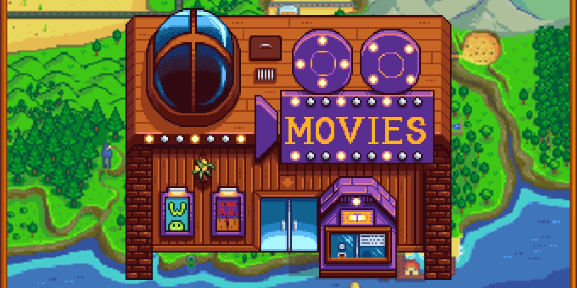 The movie theater as seen in Stardew Valley.