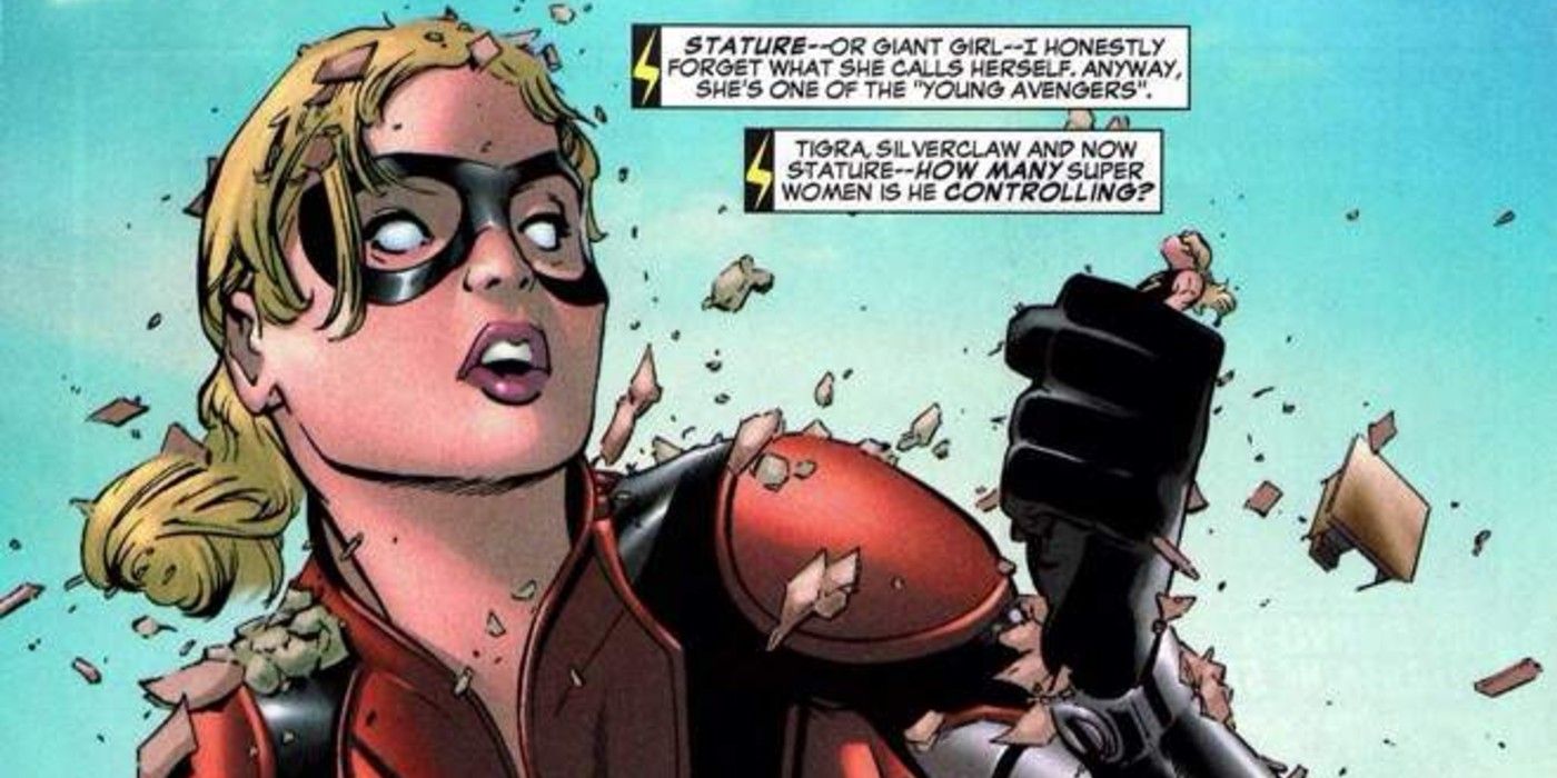 Cassie Lang bursts through the top of the mansion