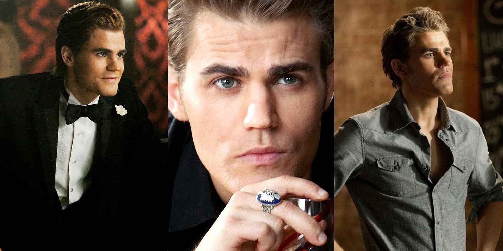 A split image of Stefan in a tuxedo, having a drink of whisky, and looking serious in The Vampire Diaries