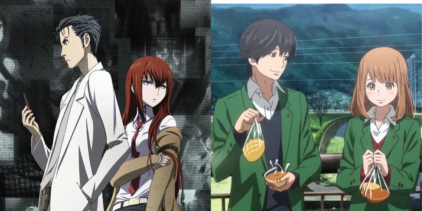 Split image of Okabe and Kurisu and Naho with Naruse