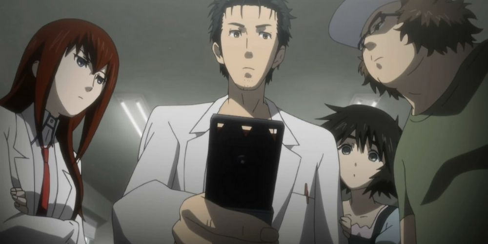 Okabe and his friends send a text in Steins; Gate