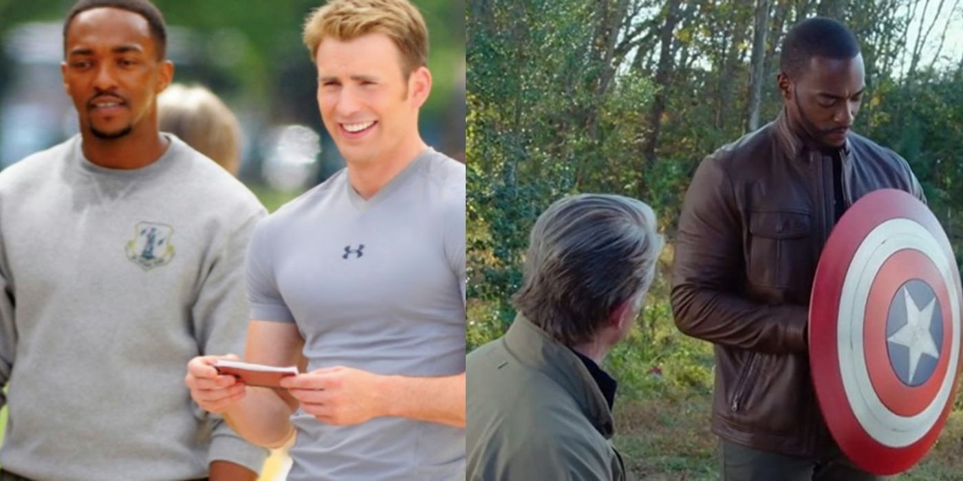 Steve Rogers and Sam Wilson smiling next to image of Steve giving Sam the shield in the MCU.