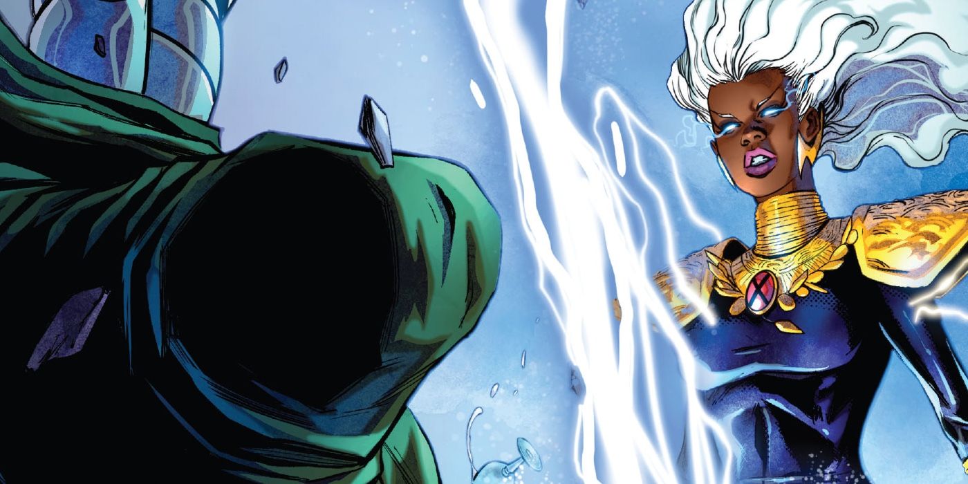 Storm fighting Doctor Doom in Marvel Comics.