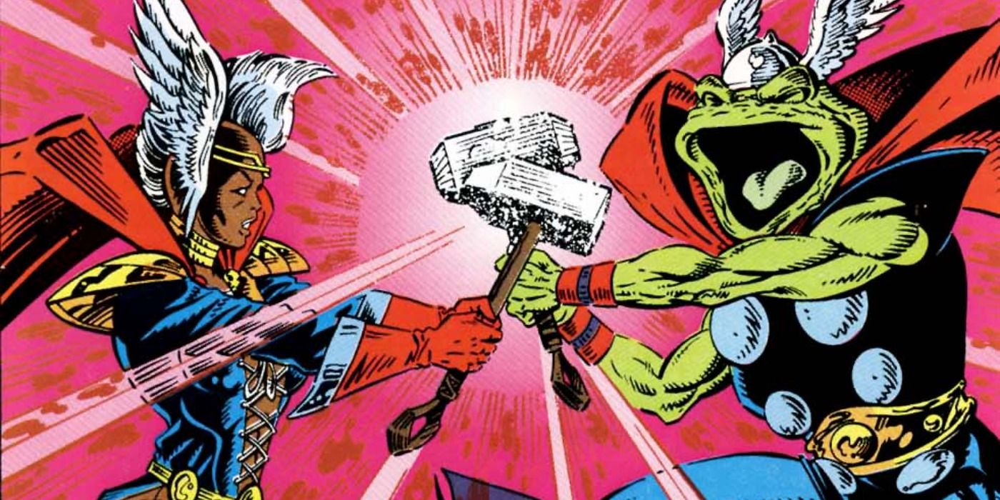 Storm Thor fighting Throg in What If? comics