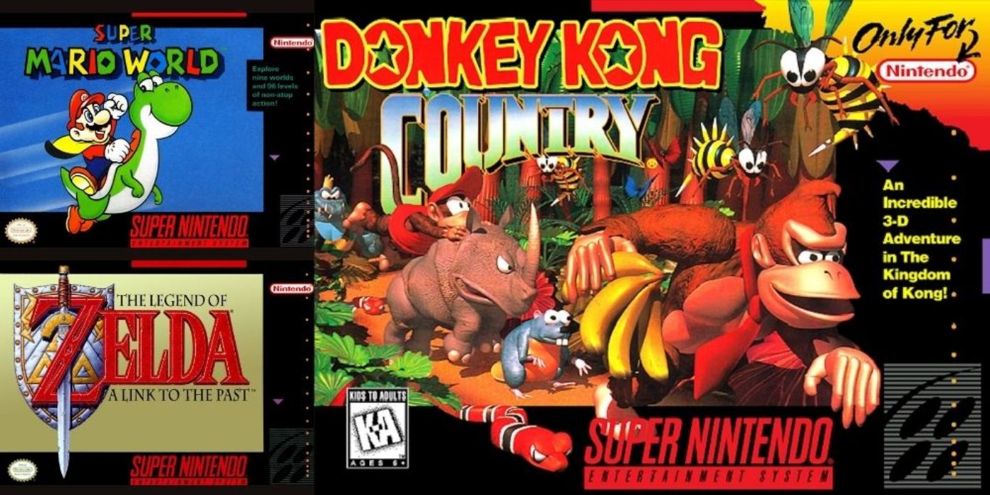 Split image of 2 SNES games: Super Mario World and Donkey Kong Country.