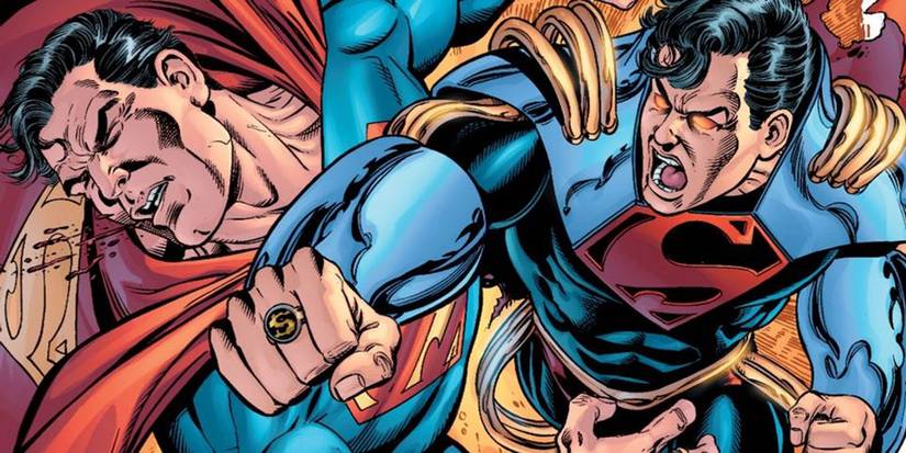 Superboy-Prime punching Superman.