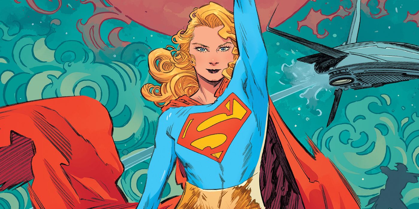 Supergirl flies with her arm raised in DC Comics.
