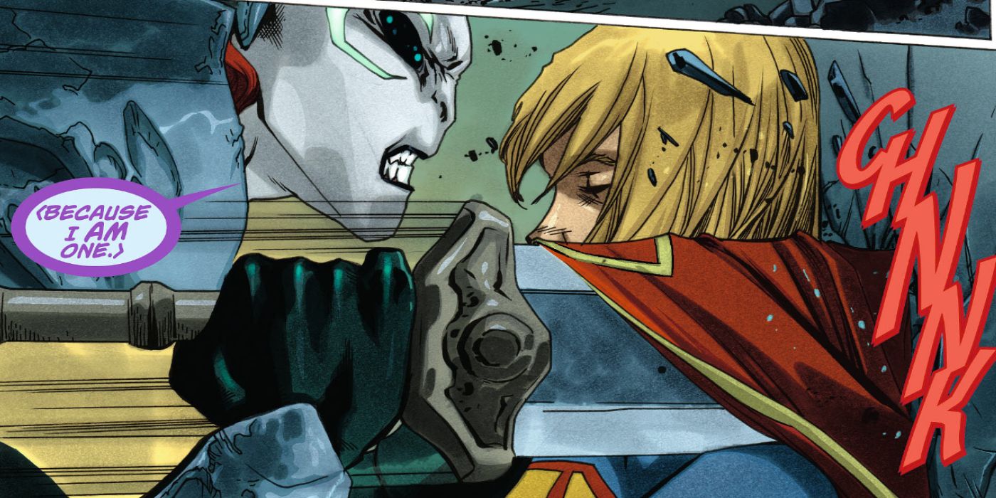 Reign esfaqueia a capa de Supergirl contra uma parede.