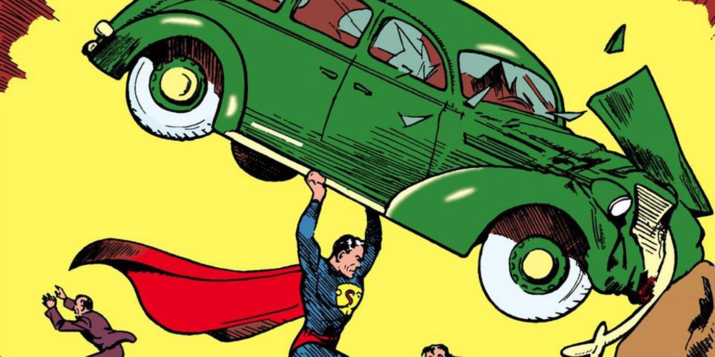 Superman lifting a car on the Action Comics cover.