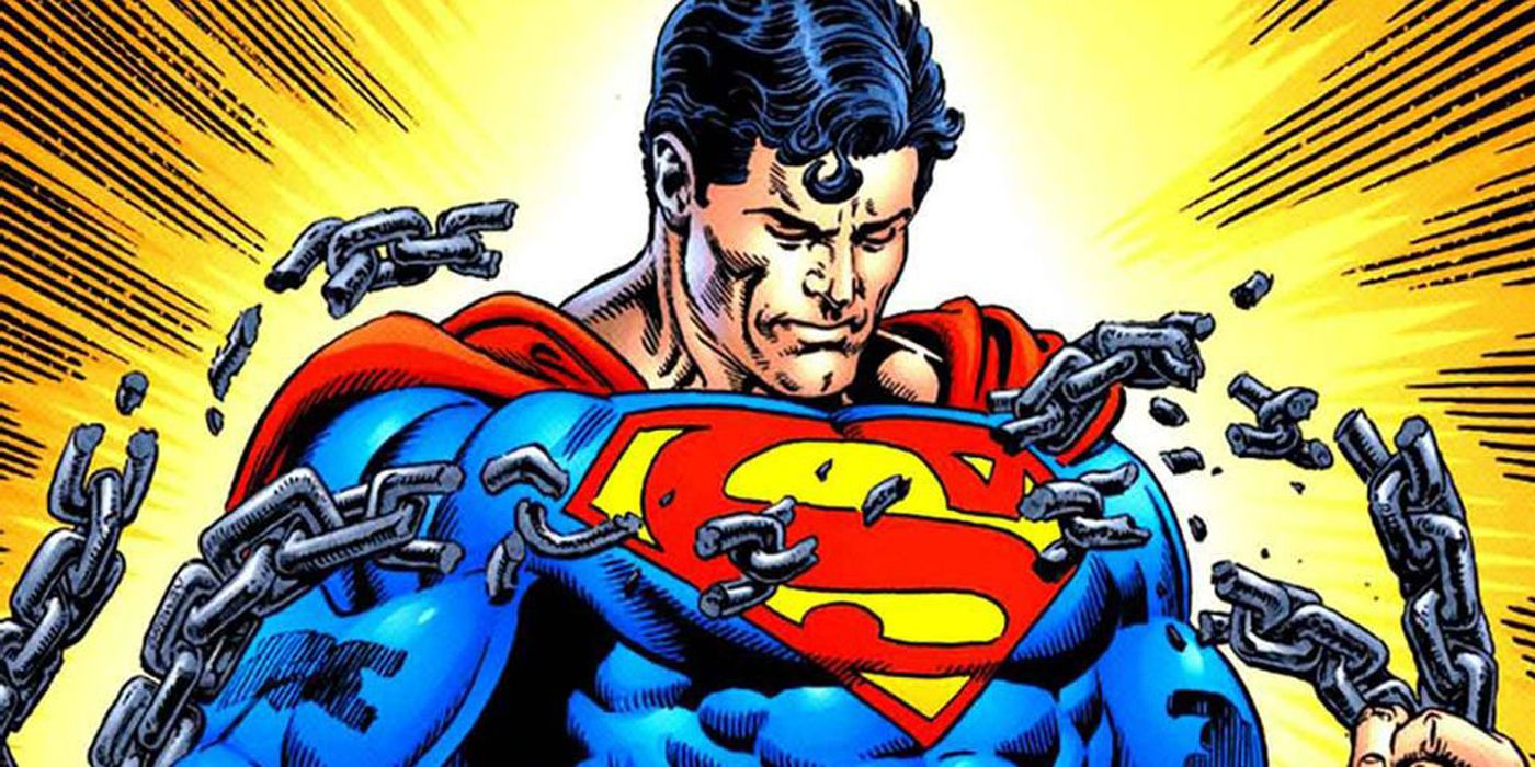 Superman breaking out of chains.