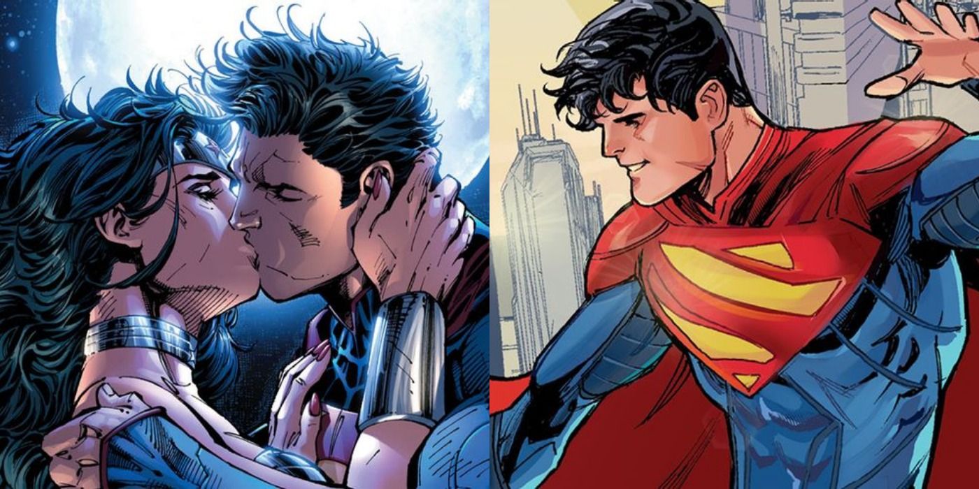 Superman kissing Wonder Woman and Jon Kent as Superman.