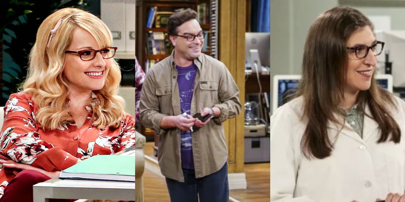 Split image showing Bernadette in her office, Leonard looking at a board, and Amy in her lab on The Big Bang Theory