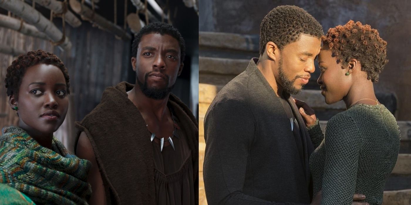 T'Challa and Nakia from Black Panther standing together next to image of them kissing.