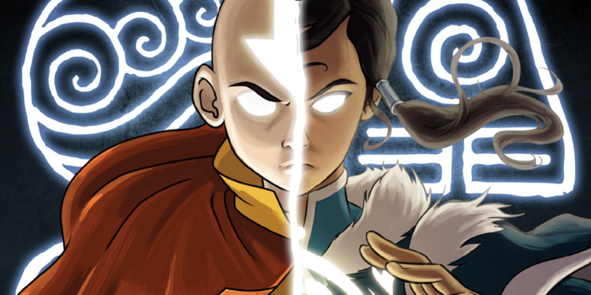 An image showing a split between Aang and Korra in the Avatar universe. 