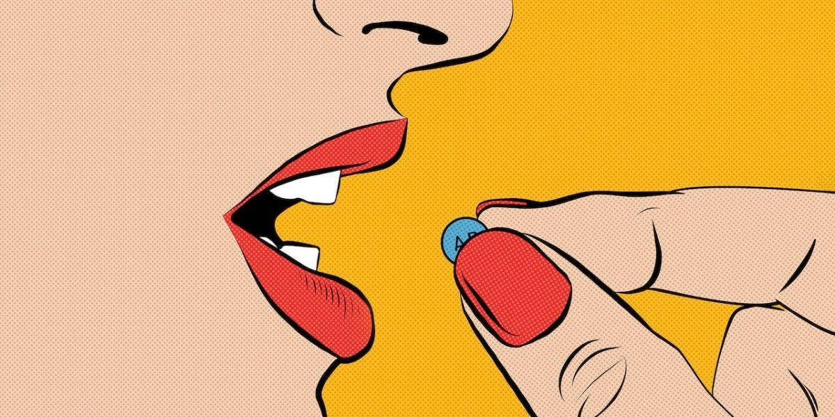 A woman takes a pill into her mouth in Take Your Pills