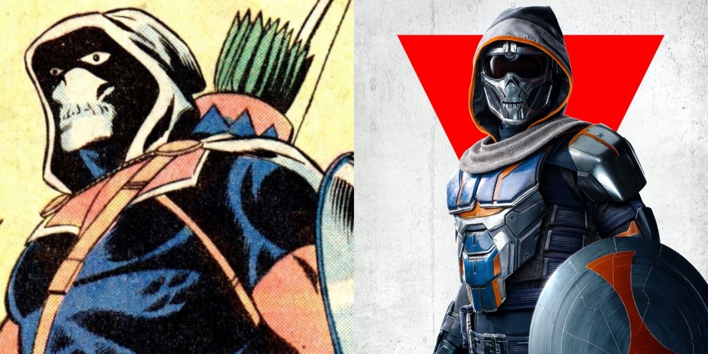 A split image depicts Taskmaster as the character appears in their first comic book appearance and in the MCU's Black Widow