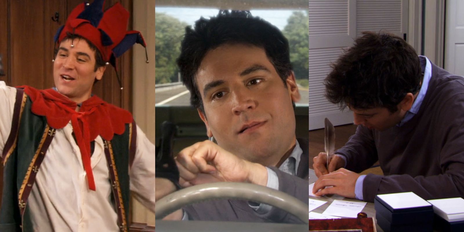 How I Met Your Mother: Three images of Ted being playful, reading, and writing.