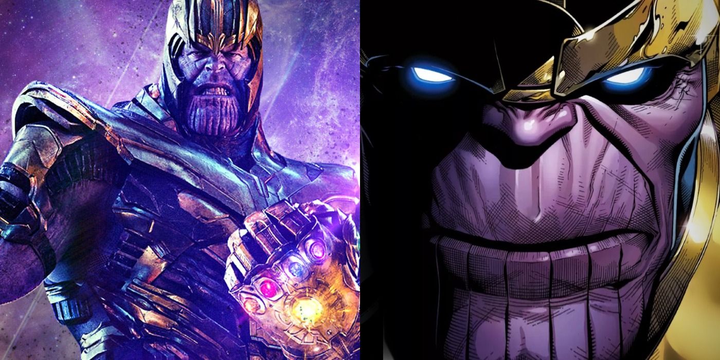Split image: Thanos wears his armor/ Thanos close up shot
