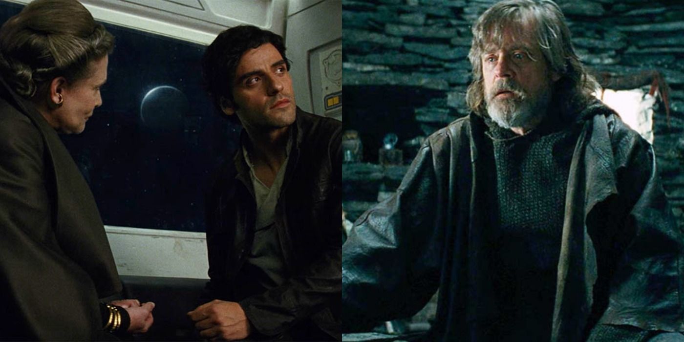 Split image of Poe and Leia and Luke in Star Wars The Last Jedi
