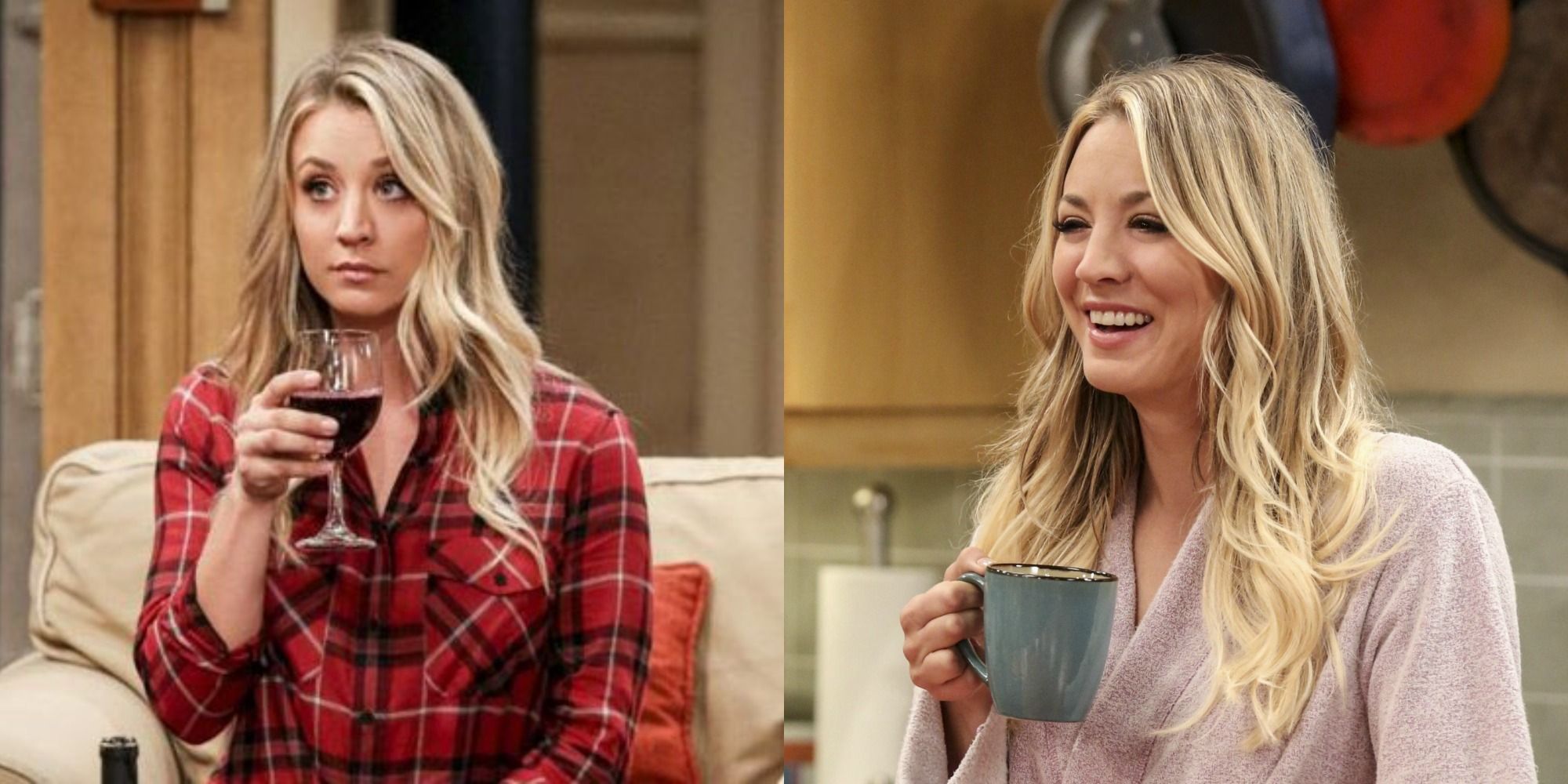 Split image showing Penny smiling while holding a glass of wine and a cup of coffee in The Big Bang Theory