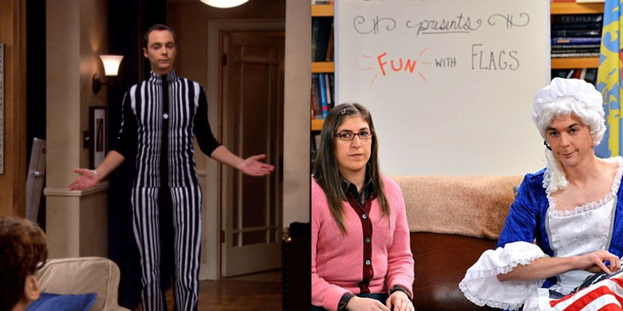 Split image showing Sheldon dressed as the Dopplet Effect and as Betsy Ross in The Big Bang Theory