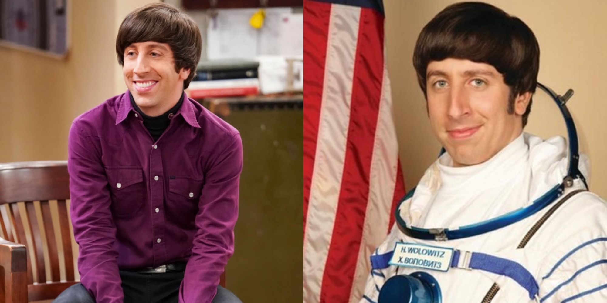 Split image showing Howard Wolowitz smiling at Leonard and Sheldon's apartment, and posing for his official NASA portrait in The Big Bang Theory