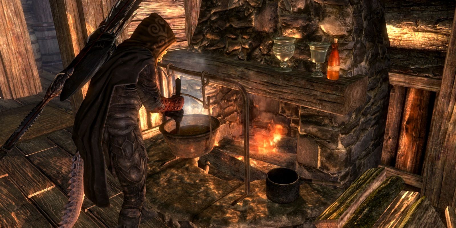 A character cooking in Skyrim