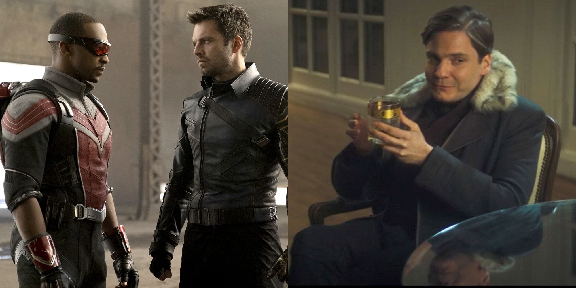 Split image showing Buck and Sam, and Baron Zemo in The Flacon and the Winter Soldier