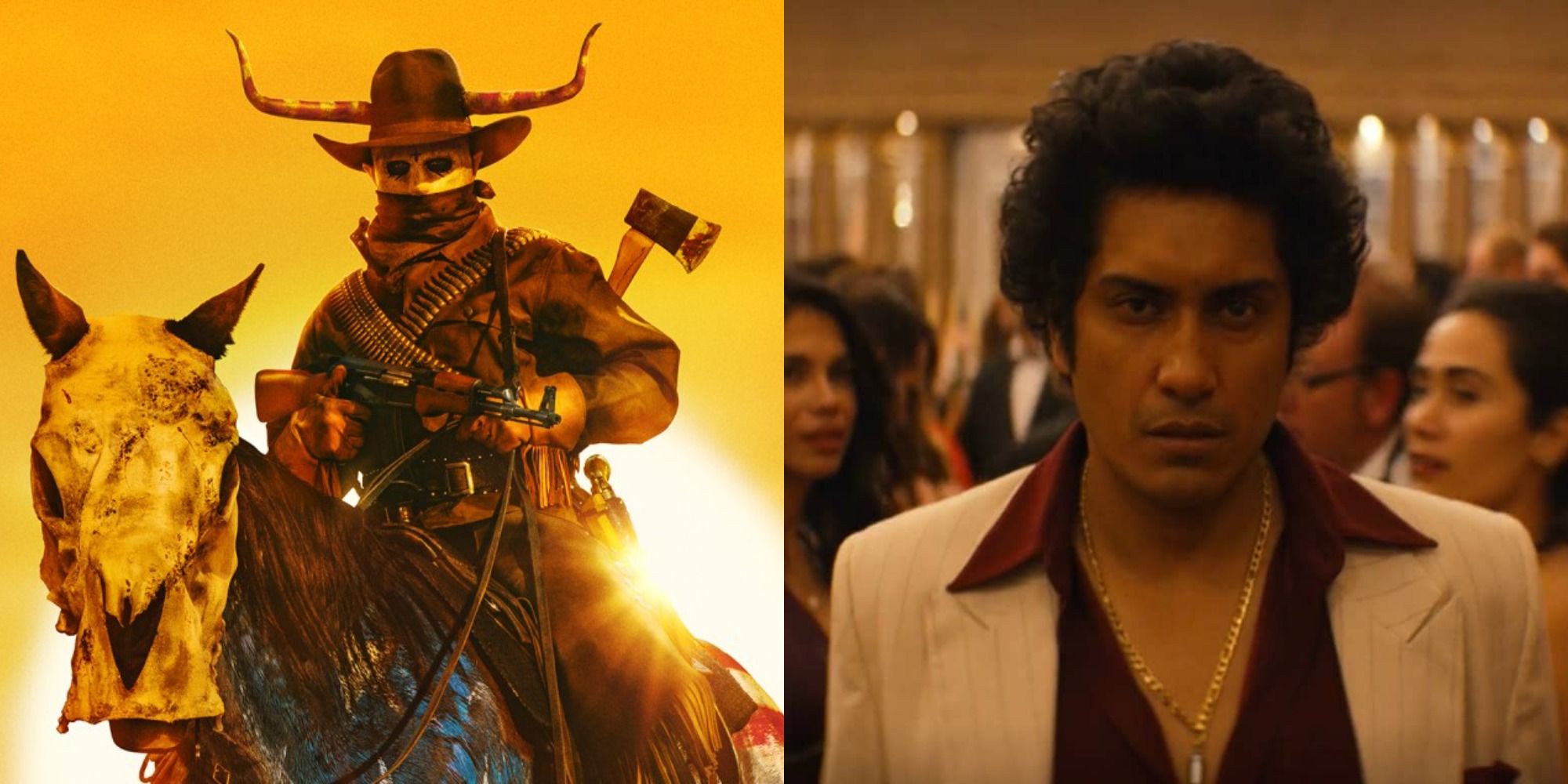 A split image of The Forever Purge movie poster and Tenoch Huerta in Narcos: Mexico