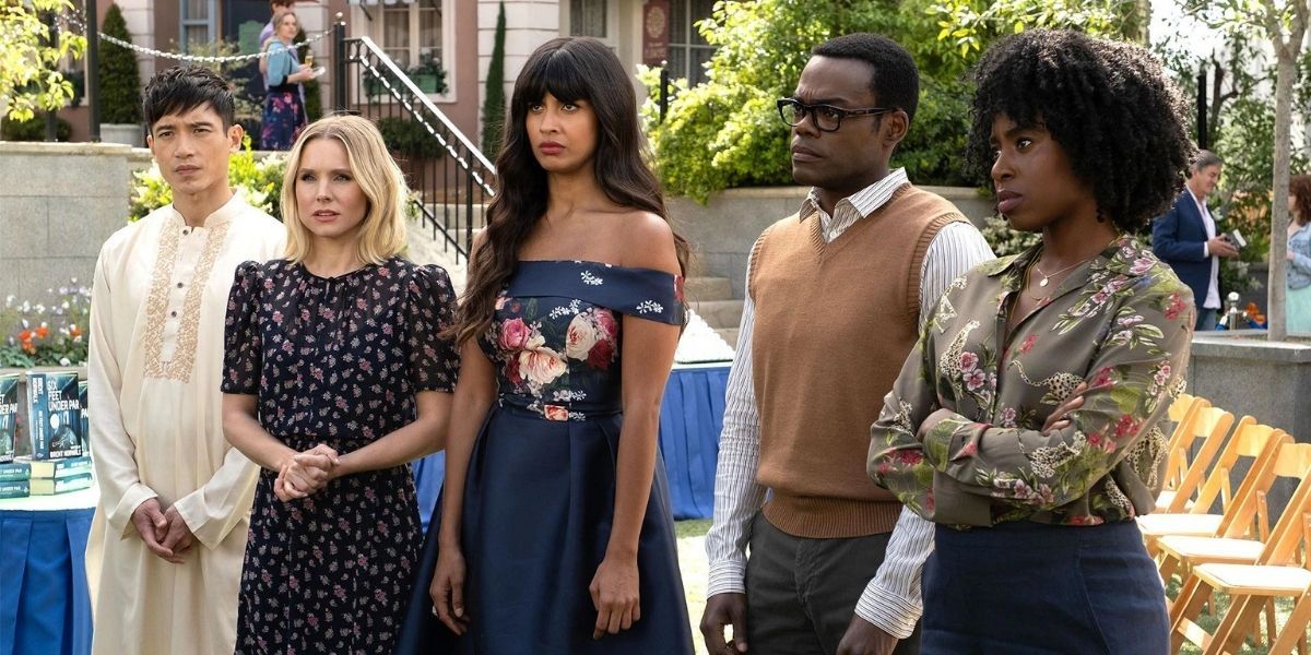 Jason, Eleanor, Tahani, and Chidi standing together in The Good Place