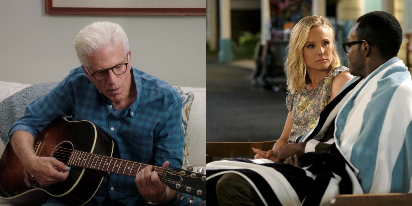 The Good Place split image of Michael playing guitar and Eleanor and Chidi falling in love
