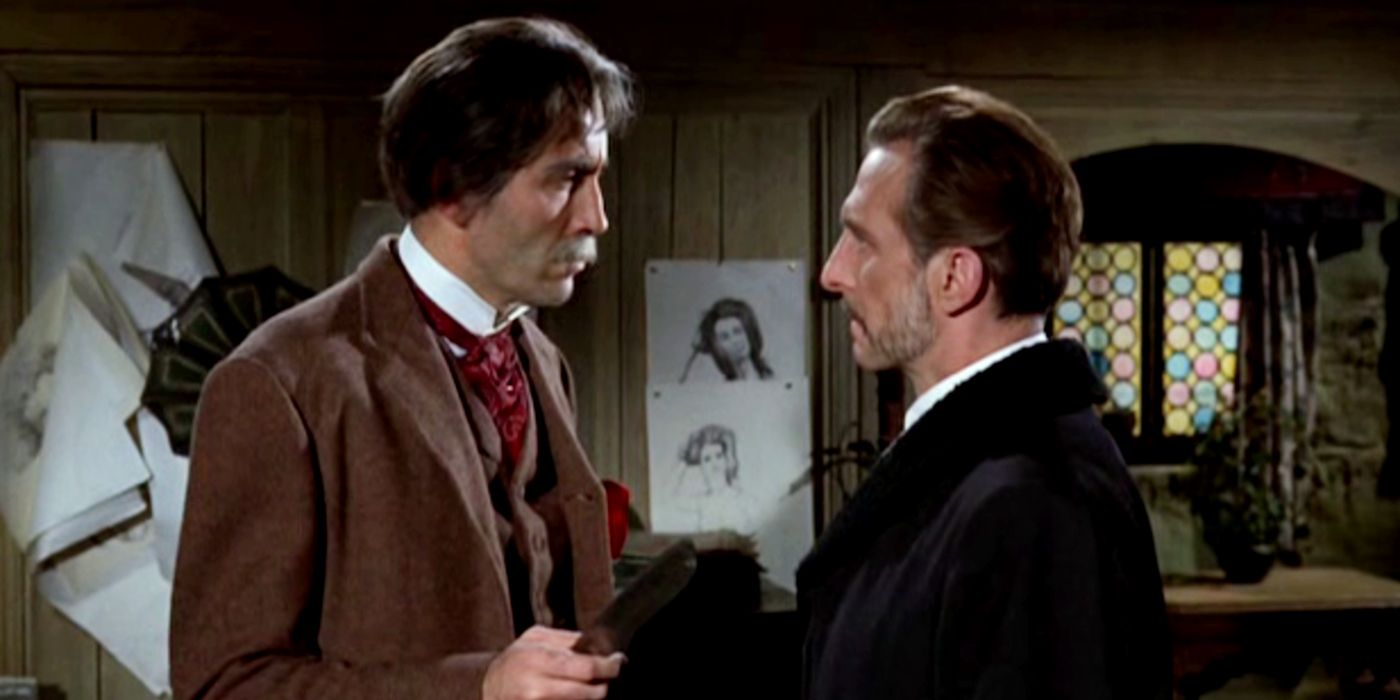Peter Cushing has an intense conversation with CHristopher Lee in The Gorgon.