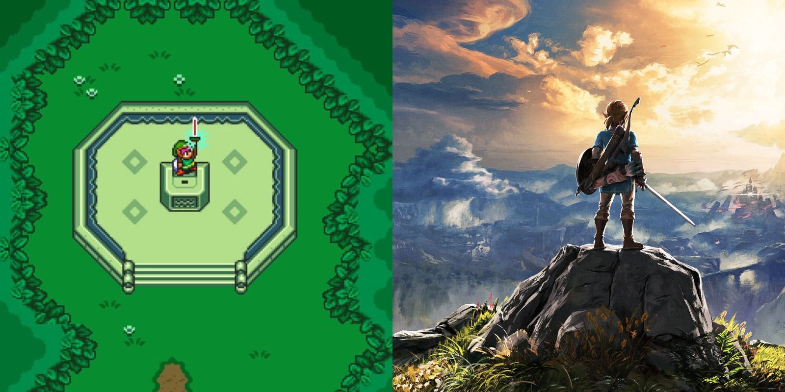 Split image of Link in Hyrule in Legend of Zelda games