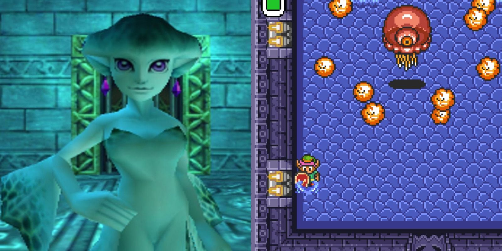 An image of a water demon and the player swimming through the water in The Legend Of Zelda games