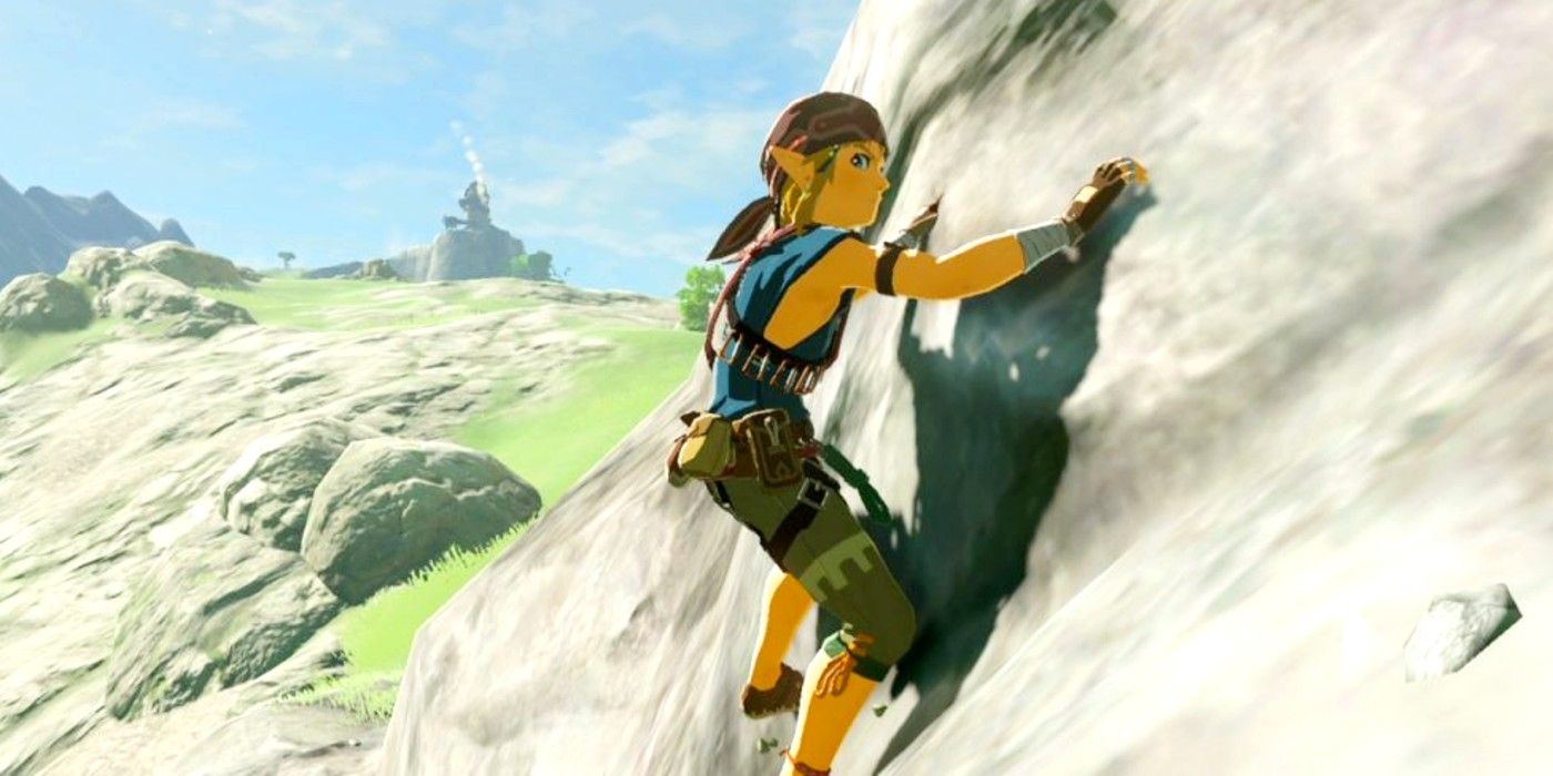 Link rock climbing while wearing the climbing armor from Zelda Breath of the Wild. 