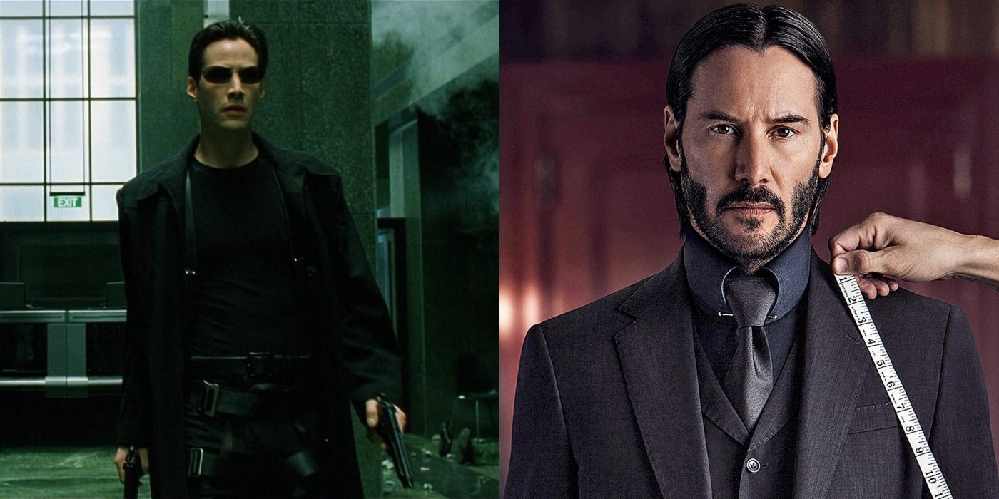 Split image Keanu Reeves as Neo in The Matrix and John Wick