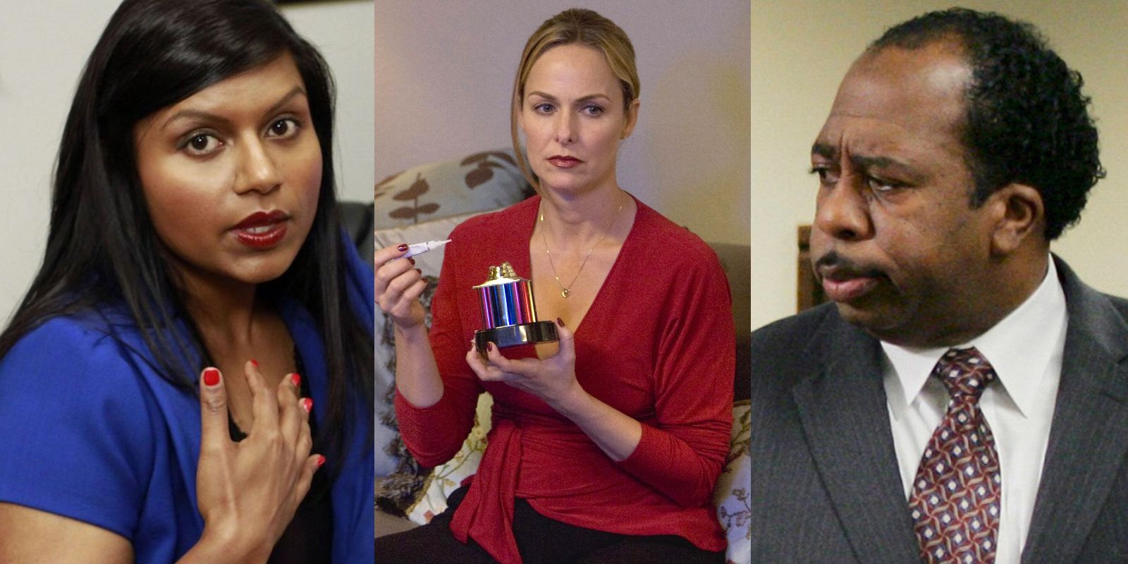 Split image of Kelly Kapoor, Jan Levinson, and Stanley Hudson from The Office